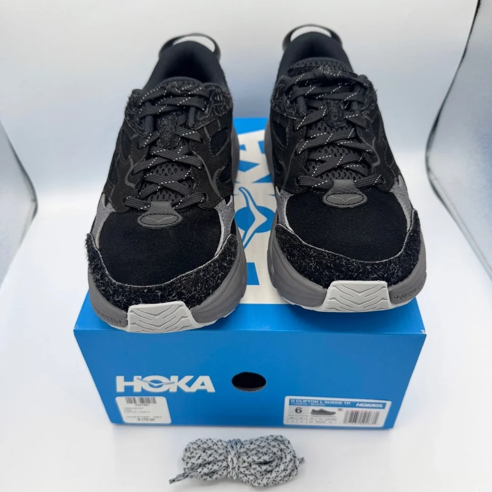 NWT Hoka Clifton Elite Terrain System L Suede Leather All Black Unisex Sneakers - Picture 9 of 16